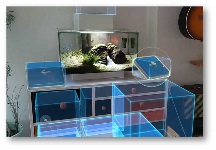 Point of View of Hololens 2 user using Dynamics 365 Guides Spatial Triggers to work on fish tank