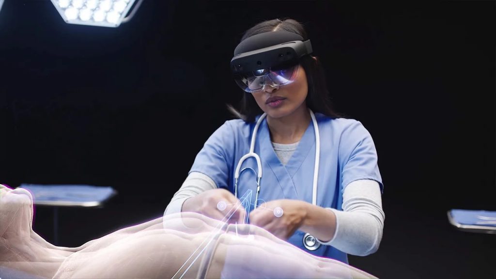 Medical Student using Microsoft Hololens 2 to perform a mock examination in mixed reality