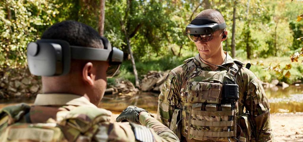 U.S. Army soliders training with Microsoft Hololens 2 in the woods